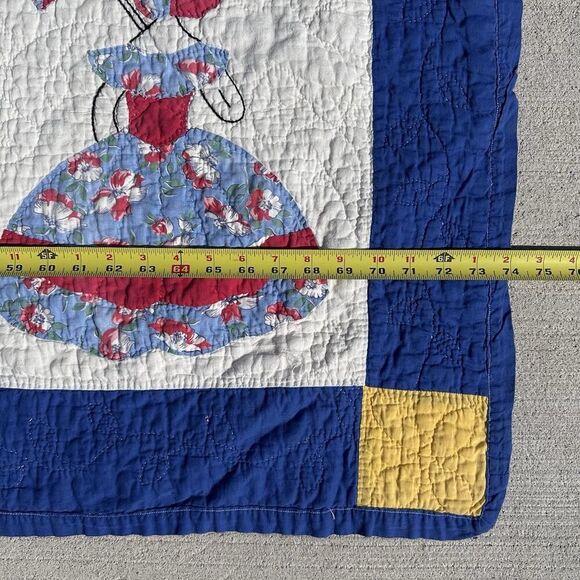 Vintage Parasol Ladies Quilt Hand Stitched Appliqués Blue Border Twin 74”X91” - Picture 15 of 16